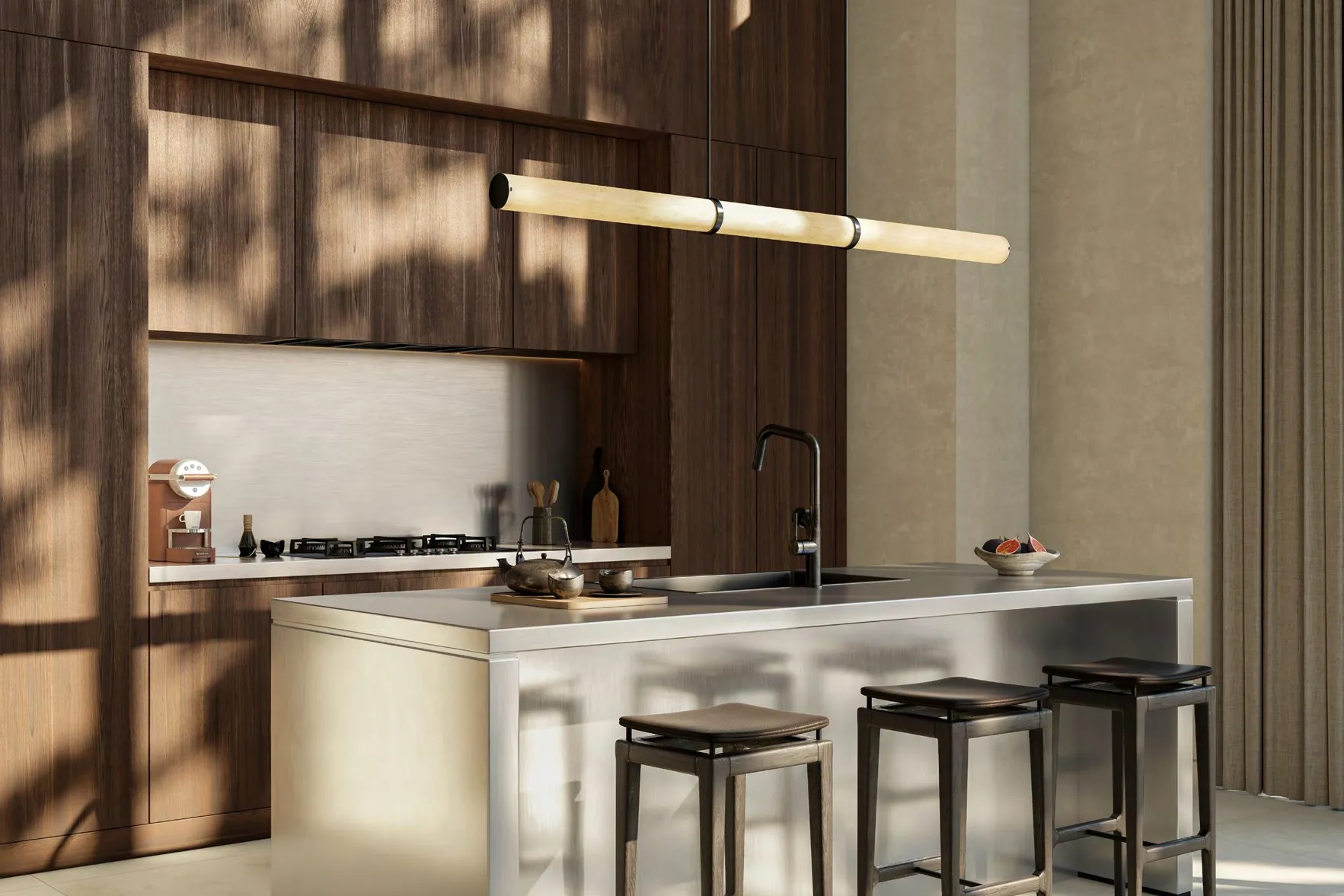 Kanso Loft bathroom with rain shower, stone walls and timber vanity